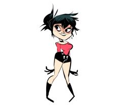 Rule 34 | 1girl, black eyes, black footwear, black gloves, black shorts, boots, breasts, choker, full body, gloves, gorillaz, green hair, herny, legs apart, looking to the side, medium breasts, noodle (gorillaz), off shoulder, pigeon-toed, shorts, simple background, smile, solo, standing, teeth, white background