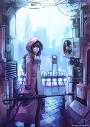 Rule 34 | 1girl, air conditioner, building, cable, cityscape, expressionless, gun, holding, holding gun, holding weapon, l&#039;amour de pierrot, long sleeves, looking at viewer, original, railing, resized, rifle, ruins, scenery, silhouette, skull, skyscraper, sniper, sniper rifle, standing, weapon, wire, zen (jirakun)