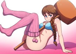 Rule 34 | 1girl, akairiot, arm support, ass, between breasts, blue bra, blue eyes, blush, bottomless, bra, braid, breasts, brown hair, cleavage, dorsiflexion, hammer, highres, ice climber, long hair, looking at viewer, nana (ice climber), navel, nintendo, no panties, pink thighhighs, single braid, smile, solo, thighhighs, underwear, weapon