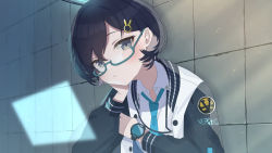 Rule 34 | 1girl, aqua necktie, bad id, bad pixiv id, black hair, black jacket, blue-framed eyewear, blue archive, chihiro (blue archive), closed mouth, clothes writing, glasses, grey eyes, hair ornament, hairclip, halo, head rest, highres, jacket, kaerunrun, long sleeves, looking at viewer, necktie, open clothes, open jacket, shirt, short hair, solo, upper body, watch, white shirt, wristwatch