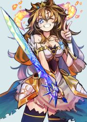 Rule 34 | 1girl, armlet, bare shoulders, black thighhighs, blue background, blue eyes, blush, blush stickers, breasts, brown hair, cleavage, crystal, fingernails, hair between eyes, highres, holding, holding sword, holding weapon, horns, light blue background, long hair, monster strike, nail polish, one eye closed, rion (glayjirobass), simple background, smile, solo, sword, teeth, thighhighs, torn, torn clothes, v, weapon, yellow nails