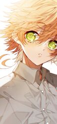 Rule 34 | 1girl, buttons, collared shirt, emma (yakusoku no neverland), looking to the side, orange hair, parted lips, sapphire (nine), shirt, short hair, simple background, solo, upper body, white background, white shirt, yakusoku no neverland
