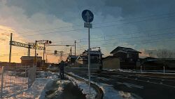 1boy banakotakemaru bare_tree bicycle blue_sky commentary_request gradient_sky highres house orange_sky original outdoors power_lines road scenery sky snow solo tree utility_pole