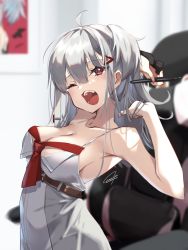 Rule 34 | 1girl, ;o, ahoge, armpits, arms up, bare arms, bare shoulders, belt, breasts, cleavage, dress, grey hair, hair ornament, hairclip, highres, indie virtual youtuber, large breasts, long hair, looking at viewer, one eye closed, open mouth, red eyes, shirt, sleeveless, sleeveless shirt, solo, spaghetti strap, stretching, upper body, virtual youtuber, white dress, yaki mayu, yaki mayuru