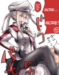 Rule 34 | 10s, 1boy, 1girl, admiral (kancolle), black gloves, black hair, black pantyhose, black ribbon, blonde hair, blue eyes, cross, gloves, graf zeppelin (kancolle), hard-translated, hat, iron cross, kantai collection, military, military uniform, miniskirt, necktie, open mouth, pantyhose, peaked cap, red neckwear, ribbon, short hair, simple background, sitting, sitting on head, sitting on person, skirt, smirk, t-head admiral, tai (nazutai), thinking, third-party edit, translated, uniform, white background