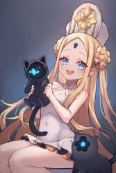 Rule 34 | 1girl, abigail williams (fate), abigail williams (swimsuit foreigner) (second ascension) (fate), black cat, blonde hair, blue eyes, blush, braid, braided bun, breasts, cat, double bun, dress swimsuit, fate/grand order, fate (series), forehead, hair bun, hat, highres, keyhole, long hair, looking at viewer, mitre, miya (miyaruta), one-piece swimsuit, open mouth, parted bangs, small breasts, smile, swimsuit, white headwear, white one-piece swimsuit
