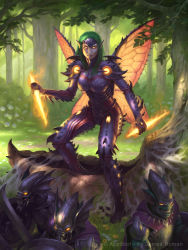 Rule 34 | 1girl, armor, armored boots, boots, breasts, dagger, flower, gloves, glowing, glowing eyes, grass, green hair, helmet, insect wings, james ryman, knife, large breasts, legend of the cryptids, long hair, mask, monster, official art, pointy ears, shield, skull, solo, solo focus, sword, tree, watermark, weapon, web address, wings, yellow eyes