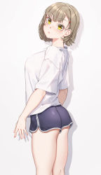 Rule 34 | 1girl, ass, black shorts, breasts, brown hair, dolphin shorts, fangxiang cuoluan, from side, highres, large breasts, looking at viewer, looking to the side, original, shadow, shirt, short hair, short shorts, short sleeves, shorts, simple background, solo, standing, thighs, white background, white shirt, yellow eyes