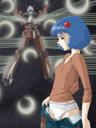 Rule 34 | 1980s (style), 1girl, bad id, bad pixiv id, beam spam, belt, blue eyes, blue hair, breasts, clothes pull, covered erect nipples, denim, densetsu kyojin ideon, hair ornament, hairclip, ideon, jeans, kitty kitten, long sleeves, mecha, oldschool, open belt, open fly, panties, pants, pants pull, pulling own clothes, retro artstyle, robot, short hair, small breasts, space, unbuckled, unbuttoned, underwear, undressing, unzipped, white panties, zummy