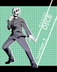 Rule 34 | 1boy, black footwear, black jacket, black necktie, black pants, character name, clenched hand, dancing, dharu riser, dice (dharu riser), english text, formal, gloves, green background, grey shirt, hand up, jacket, legs apart, letterboxed, long sleeves, lowres, male focus, mask, necktie, outside border, outstretched arm, pants, polka dot, polka dot background, shirt, shoes, solo, suit, uematsu, white gloves