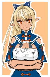 Rule 34 | 1girl, arms under breasts, blonde hair, blue bow, bow, breasts, brown eyes, cleavage, cleavage cutout, clothing cutout, dark-skinned female, dark skin, hair bow, highres, hololive, long pointy ears, orange background, pointy ears, ponytail, sazare (sazare az), shiranui flare, shiranui flare (old design), smile, solo, virtual youtuber