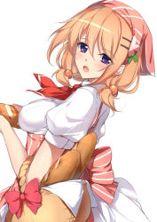 Rule 34 | 1girl, :o, aged up, alternate breast size, ascot, basket, blush, bow, bread, breasts, brown hair, collared shirt, eyebrows, flower, food, from side, gochuumon wa usagi desu ka?, hair bobbles, hair flower, hair ornament, hairclip, head scarf, headdress, high-waist skirt, hoto cocoa, large breasts, looking at viewer, low twintails, minamon (vittel221), open mouth, puffy short sleeves, puffy sleeves, purple eyes, red bow, shirt, short sleeves, short twintails, simple background, sketch, skirt, smile, solo, striped, suspender skirt, suspenders, twintails, upper body, white background, white shirt