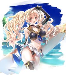 Rule 34 | 1girl, :d, absurdres, artist request, beach, bikini, bikini skirt, blonde hair, blush, breasts, brown eyes, cleavage, collarbone, elbow gloves, gloves, granblue fantasy, groin, hat, highleg, highres, holding, holding surfboard, large breasts, long hair, looking at viewer, monika weisswind, monika weisswind (swimsuit) (granblue fantasy), navel, open mouth, peaked cap, shiny skin, single thighhigh, skindentation, smile, solo, stomach, surfboard, swimsuit, thick thighs, thighhighs, thighs, twintails, wavy hair