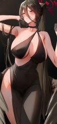 Rule 34 | 1girl, absurdres, alternate costume, black background, black choker, black dress, black gloves, black hair, black wings, blue archive, blush, breasts, choker, collarbone, dated commentary, dress, gloves, hair between eyes, half gloves, halo, hasumi (blue archive), highres, large breasts, long hair, looking at viewer, parted lips, ponytail, red eyes, red halo, rororo, simple background, solo, thighs, very long hair, wings