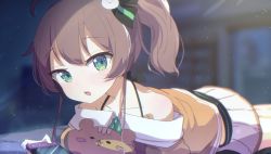 Rule 34 | 1girl, absurdres, bare shoulders, blurry, blurry background, blush, brown hair, collarbone, commentary request, depth of field, green eyes, handheld game console, highres, holding, hololive, looking at viewer, lying, natsuiro matsuri, natsuiro matsuri (1st costume), off-shoulder shirt, off shoulder, okota mikan, on stomach, orange shirt, parted lips, pleated skirt, shirt, side ponytail, skirt, solo, teeth, upper teeth only, virtual youtuber, white skirt