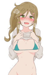 Rule 34 | 1girl, ame (amechan17391739), bikini, bikini top only, bikini under clothes, blush, breasts, clothes lift, full-face blush, green bikini, green eyes, groin, heart, highres, inuyama aoi, lifting own clothes, light brown hair, looking down, medium breasts, out-of-frame censoring, shirt lift, side ponytail, simple background, solo, steam, swimsuit, thick eyebrows, thighhighs, white background, yurucamp