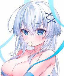 Rule 34 | 1girl, blue eyes, blue ribbon, blurry, blurry foreground, blush, breasts, cleavage, closed mouth, collarbone, commentary request, depth of field, gyozanuko, hair between eyes, hair ornament, hairclip, heart, heart-shaped pupils, large breasts, long hair, looking at viewer, mouth hold, naked ribbon, original, partial commentary, ribbon, simple background, solo, symbol-shaped pupils, upper body, white background, white hair, x hair ornament