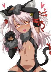 Rule 34 | 1girl, absurdres, aged down, animal ears, animal hands, black gloves, blush, cat ears, cat tail, child, chloe von einzbern, dangeroes beast (illya), dark-skinned female, dark skin, fate/kaleid liner prisma illya, fate (series), female focus, gloves, hair ribbon, heart, heart-shaped pupils, highres, long hair, looking at viewer, navel, open mouth, paw gloves, pink eyes, pink hair, red ribbon, ribbon, shimejinameko, simple background, solo, symbol-shaped pupils, tail, upper body, white background