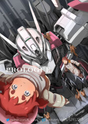 Rule 34 | 2girls, 5others, blue eyes, commentary request, elnora samaya, english text, episode title, ericht samaya, gundam, gundam lfrith, gundam suisei no majo, hangar, looking at viewer, mecha, mobile suit, mother and daughter, multiple girls, multiple others, pixiv id, red hair, robot, serike w, short twintails, signature, spacesuit, thick eyebrows, toddler, twintails, twitter username