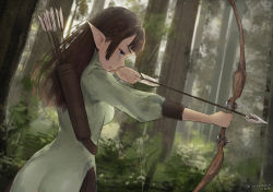 Rule 34 | 1girl, 2018, absurdres, arrow (projectile), black pants, bless online, blue eyes, blunt bangs, bow (weapon), brown hair, dated, day, dress, elf, forest, from side, green dress, highres, holding, holding arrow, holding bow (weapon), holding weapon, long hair, nature, outdoors, pants, pointy ears, signature, solo, sunako (veera), tree, weapon