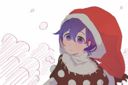 Rule 34 | 1girl, blush, commentary request, doremy sweet, dress, hair between eyes, hat, large hat, looking at viewer, medium hair, minamia23, nightcap, open mouth, pom pom (clothes), purple eyes, purple hair, red hat, simple background, solo, touhou, upper body, white background