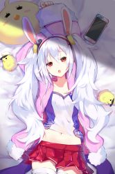Rule 34 | 1girl, :o, absurdres, animal ears, azur lane, bed sheet, blush, cellphone, cowboy shot, fake animal ears, from above, fur-trimmed jacket, fur trim, hairband, highres, jacket, kikurage tom., laffey (azur lane), long hair, long sleeves, looking at viewer, lying, manjuu (azur lane), miniskirt, navel, on back, on bed, open clothes, open jacket, open mouth, phone, pink jacket, pleated skirt, rabbit ears, red eyes, red hairband, red skirt, shirt, silver hair, skirt, sleeves past wrists, smartphone, solo, thighhighs, twintails, very long hair, white shirt, white thighhighs, zettai ryouiki