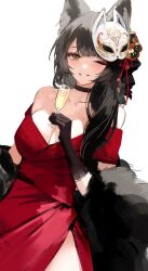 Rule 34 | 1girl, animal ears, bare shoulders, black choker, black gloves, black hair, blue archive, blush, breasts, champagne flute, choker, cleavage, collarbone, cup, dress, drinking glass, feather boa, gloves, grin, hair over shoulder, highres, holding, holding cup, large breasts, long hair, off-shoulder dress, off shoulder, one eye closed, red dress, side slit, smile, solo, sowb, wakamo (blue archive), yellow eyes