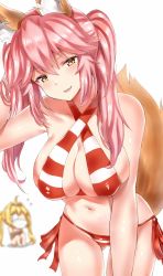 Rule 34 | 2girls, animal ears, bad id, bad pixiv id, bikini, blurry, breasts, chibi, chibi inset, cleavage, cosplay, fang, fary5, fate/grand order, fate (series), fox ears, fox tail, halterneck, highres, large breasts, long hair, looking at viewer, multiple girls, navel, nero claudius (fate), nero claudius (fate) (all), nero claudius (swimsuit caster) (fate), nero claudius (swimsuit caster) (fate) (cosplay), red bikini, revision, side-tie bikini bottom, simple background, smile, striped bikini, striped clothes, swimsuit, tail, tamamo (fate), tamamo no mae (fate/extra), twintails, white background, yellow eyes