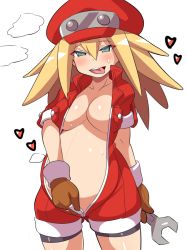 Rule 34 | 1girl, :d, aqua eyes, blonde hair, bodysuit, brown gloves, gloves, hat, jumpsuit, konno tohiro, long hair, mega man (series), mega man legends (series), naughty face, open mouth, pregnant, roll caskett (mega man), simple background, smile, solo, sweat, teeth, third-party edit, tongue, tongue out, white background, wrench