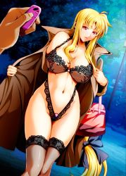 Rule 34 | 1girl, aged up, bag, black bow, black bra, black panties, blonde hair, blush, bow, bra, breasts, cleavage, coat, collarbone, commentary request, cowboy shot, exhibitionism, fate testarossa, hair bow, itachou, large breasts, lingerie, long hair, looking at viewer, low-tied long hair, lyrical nanoha, mahou shoujo lyrical nanoha strikers, navel, night, open clothes, open coat, outdoors, panties, parted lips, public indecency, pussy juice, red eyes, sex toy, shoulder bag, solo focus, stomach, sweat, underwear, very long hair, vibrator, vibrator under clothes, vibrator under panties
