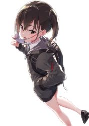 Rule 34 | 1girl, :o, absurdres, backpack, baffu, bag, bare legs, black footwear, black jacket, brown eyes, brown hair, collared shirt, commentary request, drawstring, from above, green necktie, hair between eyes, hand in pocket, hand up, highres, hood, hood down, hooded jacket, idolmaster, idolmaster cinderella girls, jacket, kneepits, loafers, long hair, long sleeves, looking at viewer, mask, mask pull, mole, mole under eye, mouth mask, necktie, parted lips, sharp teeth, shirt, shoes, sidelocks, simple background, sleeves past wrists, solo, striped necktie, striped neckwear, sunazuka akira, surgical mask, teeth, thighs, twintails, wavy hair, white background, white shirt
