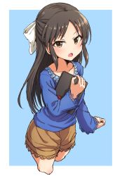 Rule 34 | 1girl, blouse, blush, bow, brown eyes, brown hair, collarbone, commentary, cropped legs, food, frilled shirt, frills, fruit, hair bow, half updo, highres, holding, holding tablet pc, idolmaster, idolmaster cinderella girls, long hair, long sleeves, open mouth, shirt, shorts, sidelocks, solo, starheart, sticker, strawberry, tablet pc, tachibana arisu, two-tone background, white bow