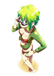 Rule 34 | 00s, 1girl, ass, barefoot, breasts, butt crack, caffein, cleavage, flat ass, full body, glasses, green eyes, green hair, gumi, hand on own hip, highres, looking at viewer, matching hair/eyes, nail polish, short hair, simple background, solo, sunglasses, swimsuit, vocaloid, white background
