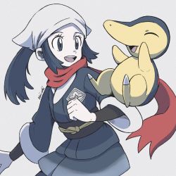 Rule 34 | 1girl, :d, akari (pokemon), black hair, black shirt, commentary request, creatures (company), cyndaquil, eyelashes, floating scarf, game freak, gen 2 pokemon, grey background, grey eyes, grey jacket, grey skirt, head scarf, highres, jacket, long hair, niiichi 21pk, nintendo, open mouth, pantyhose, pokemon, pokemon (creature), pokemon legends: arceus, ponytail, red scarf, scarf, shirt, sidelocks, signature, simple background, skirt, smile, teeth, tongue, upper teeth only, white headwear