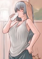 Rule 34 | 00s, 1girl, blush, breasts, casual, clothes pull, dog, drinking, large breasts, long hair, milk, object on head, aged up, pants, pants pull, pants tug, pulling own clothes, rozen maiden, shirt, silver hair, sleeveless, sleeveless shirt, solo, suigintou, towel, towel on head, tsuda nanafushi
