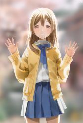 Rule 34 | 10s, 1girl, bad id, bad pixiv id, blue necktie, blurry, blurry background, brown hair, hands up, highres, kunikida hanamaru, long hair, long sleeves, looking at viewer, love live!, love live! sunshine!!, megumi cv, necktie, pleated skirt, shirt, signature, skirt, smile, solo, standing, sweater, white shirt, yellow eyes, yellow sweater