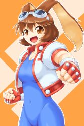 Rule 34 | 1girl, animal ears, blue unitard, brown eyes, brown hair, fingerless gloves, gloves, goggles, goggles on head, highres, jacket, looking at viewer, makihara arina, open mouth, puffy short sleeves, puffy sleeves, rabbit ears, rabbit girl, red gloves, saitorokku, short hair, short sleeves, solo, waku waku 7, white jacket