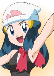 Rule 34 | 1girl, blue eyes, blue hair, breasts, creatures (company), dawn (pokemon), female focus, game freak, hainchu, looking at viewer, matching hair/eyes, nintendo, pokemon, pokemon (anime), pokemon dppt (anime), scarf, small breasts, smile, solo