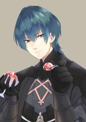 Rule 34 | 1boy, armor, black gloves, blue eyes, blue hair, byleth (fire emblem), byleth (male) (fire emblem), cape, fire emblem, fire emblem: three houses, food, gloves, looking at viewer, nintendo, ohlala, portrait, short hair, simple background, solo, spoon, upper body