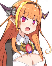 Rule 34 | 1girl, ahoge, black bow, black hairband, black jacket, blonde hair, blouse, blunt bangs, blush, bow, bowtie, braid, breasts, bright pupils, brooch, chain, chain necklace, chikuwa (majihima), cleavage, cleavage cutout, clothing cutout, collared shirt, commentary request, diagonal-striped bow, dragon girl, dragon horns, fang, gradient eyes, hair ornament, hairband, hololive, horn bow, horn ornament, horns, jacket, jewelry, kiryu coco, kiryu coco (1st costume), long hair, looking at viewer, multicolored bow, multicolored eyes, multicolored hair, necklace, open mouth, orange hair, pointy ears, purple eyes, red eyes, shirt, side braid, simple background, single braid, skin fang, smile, solo, streaked hair, striped, upper body, virtual youtuber, white bow, white shirt