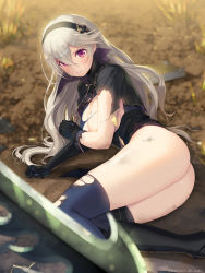 Rule 34 | 1girl, armor, ass, black footwear, black gloves, black hairband, blue thighhighs, boots, breasts, cleavage, clenched teeth, corrin (female) (fire emblem), corrin (fire emblem), dirty, fire emblem, fire emblem fates, gloves, hair between eyes, hairband, halterneck, highres, kashiwamochi yomogi, large breasts, long hair, lying, nintendo, on ground, purple eyes, silver hair, solo, sweat, teeth, thighhighs, torn clothes, torn thighhighs, twitter username, very long hair