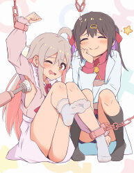 Rule 34 | 2girls, absurdres, ahoge, arm up, armpit cutout, black socks, blush, brown eyes, brown hair, chain, chinese commentary, closed mouth, clothing cutout, coat, colored inner hair, commentary request, cuffs, eyelashes, feet, grey hair, grey socks, hair between eyes, highres, knees up, lab coat, legs, long hair, long sleeves, multicolored hair, multiple girls, neck ribbon, no shoes, one eye closed, onii-chan wa oshimai!, open mouth, oyama mahiro, pink hair, pink shirt, pink skirt, purple hair, qiufengxiaose, red ribbon, restrained, ribbon, shirt, siblings, sidelocks, sisters, sitting, skirt, smile, socks, soles, squatting, streaked hair, tearing up, thighs, tickle torture, tickling, tickling armpits, toes, twintails, white coat