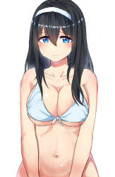 Rule 34 | 1girl, absurdres, bikini, bikini top only, black hair, blue eyes, breasts, cleavage, front-tie bikini top, front-tie top, hair between eyes, hairband, highres, idolmaster, idolmaster cinderella girls, large breasts, long hair, looking at viewer, navel, out-of-frame censoring, rangen, sagisawa fumika, solo, swimsuit, wavy mouth, white background
