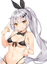 Rule 34 | 1girl, :q, absurdres, bare shoulders, bikini, black bikini, black bow, black bowtie, black ribbon, bow, bowtie, breasts, cleavage, collarbone, commentary request, five-seven (cruise queen) (girls&#039; frontline), five-seven (girls&#039; frontline), girls&#039; frontline, hair ribbon, head tilt, highres, long hair, looking at viewer, medium breasts, multi-strapped bikini, navel, official alternate costume, revision, ribbon, rikoma, side ponytail, silver hair, simple background, skindentation, solo, stomach, string bikini, swimsuit, tongue, tongue out, underboob, upper body, v, very long hair, white background, yellow eyes