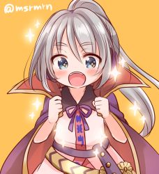 Rule 34 | + +, 1girl, :d, bad id, bad pixiv id, blue eyes, blush, cape, clenched hands, cosplay, dress, earmuffs, hair between eyes, hands up, high ponytail, long hair, looking at viewer, mashiro miru, mononobe no futo, open mouth, orange background, pink dress, ponytail, purple cape, purple ribbon, ribbon, silver hair, simple background, smile, solo, sparkle, touhou, toyosatomimi no miko, toyosatomimi no miko (cosplay), twitter username, very long hair