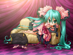 Rule 34 | aqua eyes, aqua hair, barefoot, cherry, chibi, couch, dress, elbow gloves, food, frills, fruit, gloves, hair ribbon, hatsune miku, high heels, long hair, lying, maico, maico (laserspark), on side, pillow, ribbon, shoes, solo, twintails, very long hair, vocaloid, world is mine (vocaloid)
