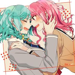 Rule 34 | 2girls, ^ ^, aqua hair, bang dream!, black neckwear, blazer, bow, braid, closed eyes, face-to-face, grey jacket, hair bow, hair down, hanasakigawa school uniform, hand in another&#039;s hair, hands on another&#039;s shoulders, haneoka school uniform, hikawa hina, jacket, long hair, long sleeves, looking at another, maruyama aya, multiple girls, necktie, open mouth, pink eyes, pink hair, sailor collar, school uniform, shino yuki, short hair, side braids, smile, striped neckwear, twitter username, upper body, white sailor collar, yellow bow, yuri
