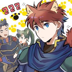 Rule 34 | 1girl, 2boys, animal ears, armor, blue eyes, blue hair, blush, cape, cat ears, cat girl, closed eyes, earrings, eliwood (fire emblem), fingerless gloves, fire emblem, fire emblem: the blazing blade, fire emblem heroes, gloves, green eyes, green hair, hamomo fe, hector (fire emblem), high ponytail, jewelry, long hair, looking at viewer, lyn (fire emblem), multiple boys, nintendo, pelvic curtain, ponytail, red hair, short hair, simple background, smile, standing, upper body, white background