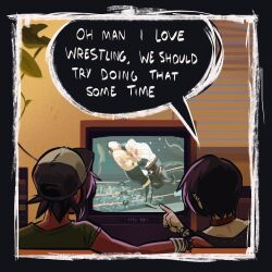 Rule 34 | 2boys, angusburgers, black border, border, couch, english text, hat, highres, indoors, multiple boys, on couch, original, speech bubble, watching television, wrestling, yaoi
