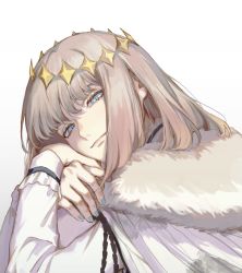Rule 34 | 1boy, blue eyes, blue nails, cape, crown, diamond hairband, fate/grand order, fate (series), feet out of frame, fur-trimmed cape, fur trim, grey hair, highres, hugging own legs, long hair, long sleeves, looking at viewer, male focus, nail, nail polish, oberon (fate), rerheart, simple background, sitting, smile, solo, type-moon, white background